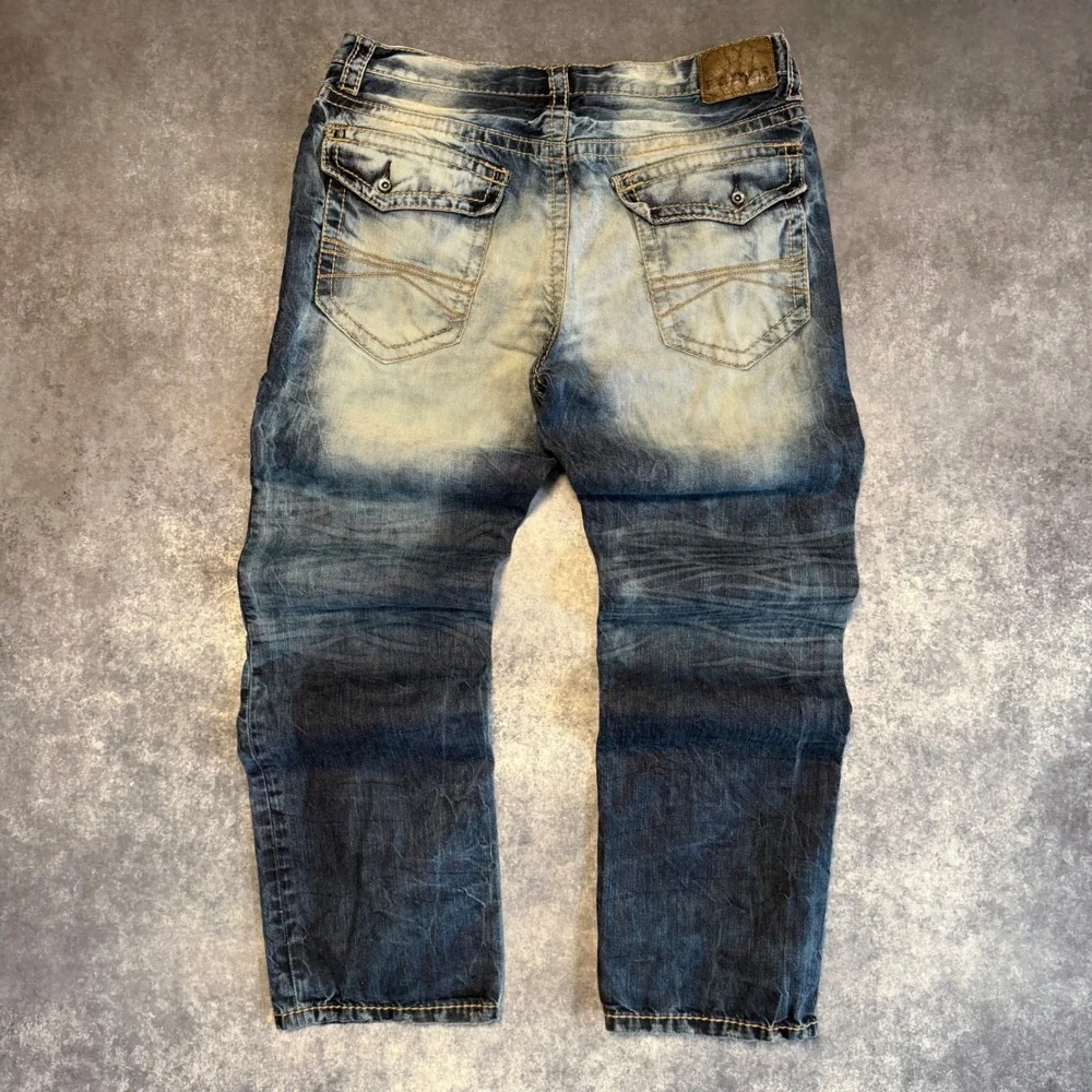 Express Jeans Blake Loose Fit Boot Cut Mens 36x34 Blue Distressed Heavy Stitch